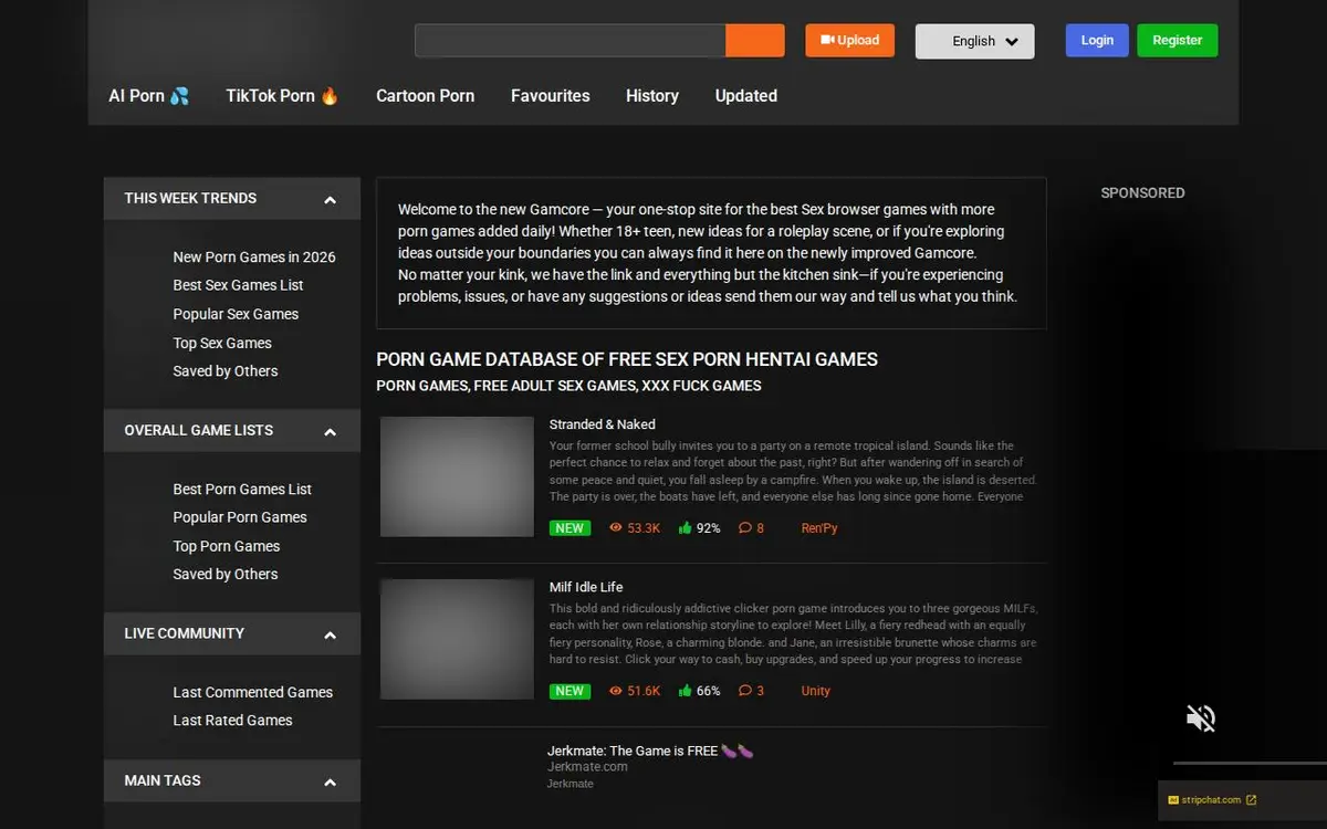Gamcore home page, blurred