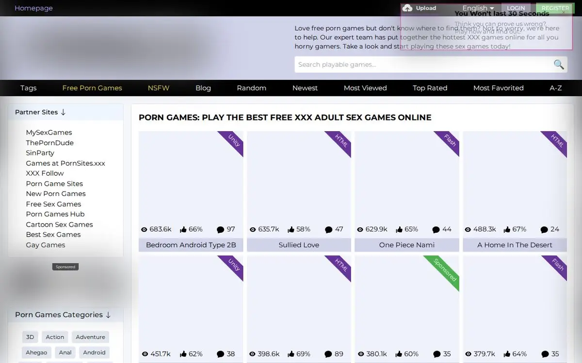 PornGames.Tv home page, blurred